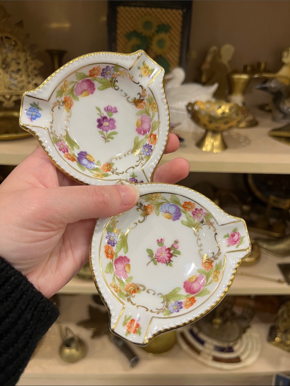 Porcelain Floral Accent Ashtrays - White with Pink & Green Floral Pattern